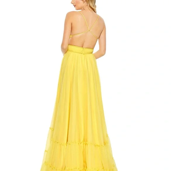 Mac Duggal Leena Dress 67967 Exposed Back Ruched Bodice Yellow Maxi Dress